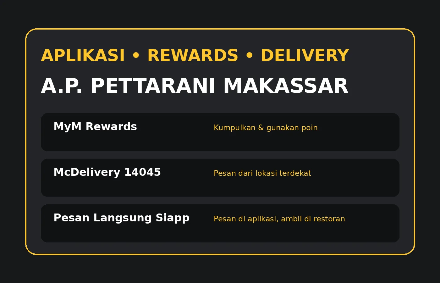 Akses promo aplikasi, MyM Rewards, dan McDelivery untuk A.P. Pettarani No. 20